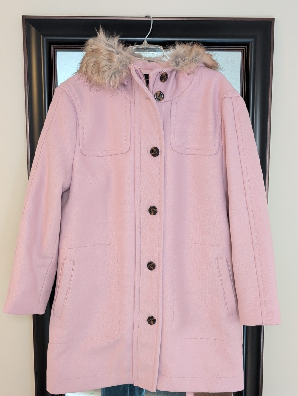 Ann Taylor Pale Pink Hooded Pea Coat with Faux-Fur Trim